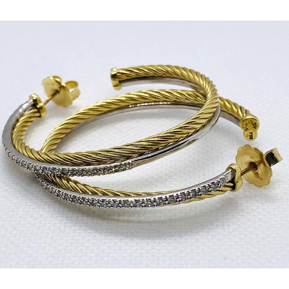 SOD!!! David Yurman 18K Yellow White Gold Diamond 47mm Crossover Hoop Earrings - Picture 1 of 14